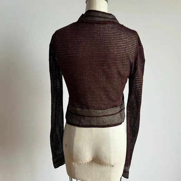 Vintage 1970's Knit Burgundy &amp; Silver Slow fashion Long-sleeve Sheer Sweater