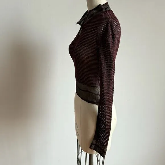 Vintage 1970's Knit Burgundy &amp; Silver Slow fashion Long-sleeve Sheer Sweater