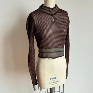 Vintage 1970's Knit Burgundy &amp; Silver Slow fashion Long-sleeve Sheer Sweater
