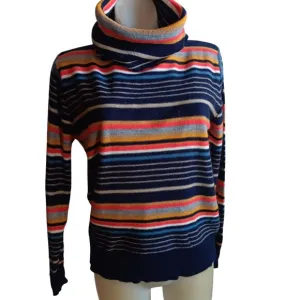 Vintage 70s Large Kimlon Striped Turtleneck Sweater Womens Acrylic Knit Korea