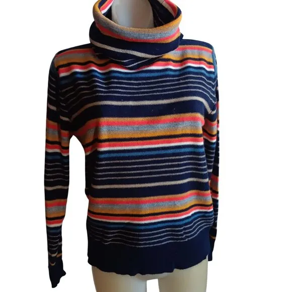 Vintage 70s Large Kimlon Striped Turtleneck Sweater Womens Acrylic Knit Korea