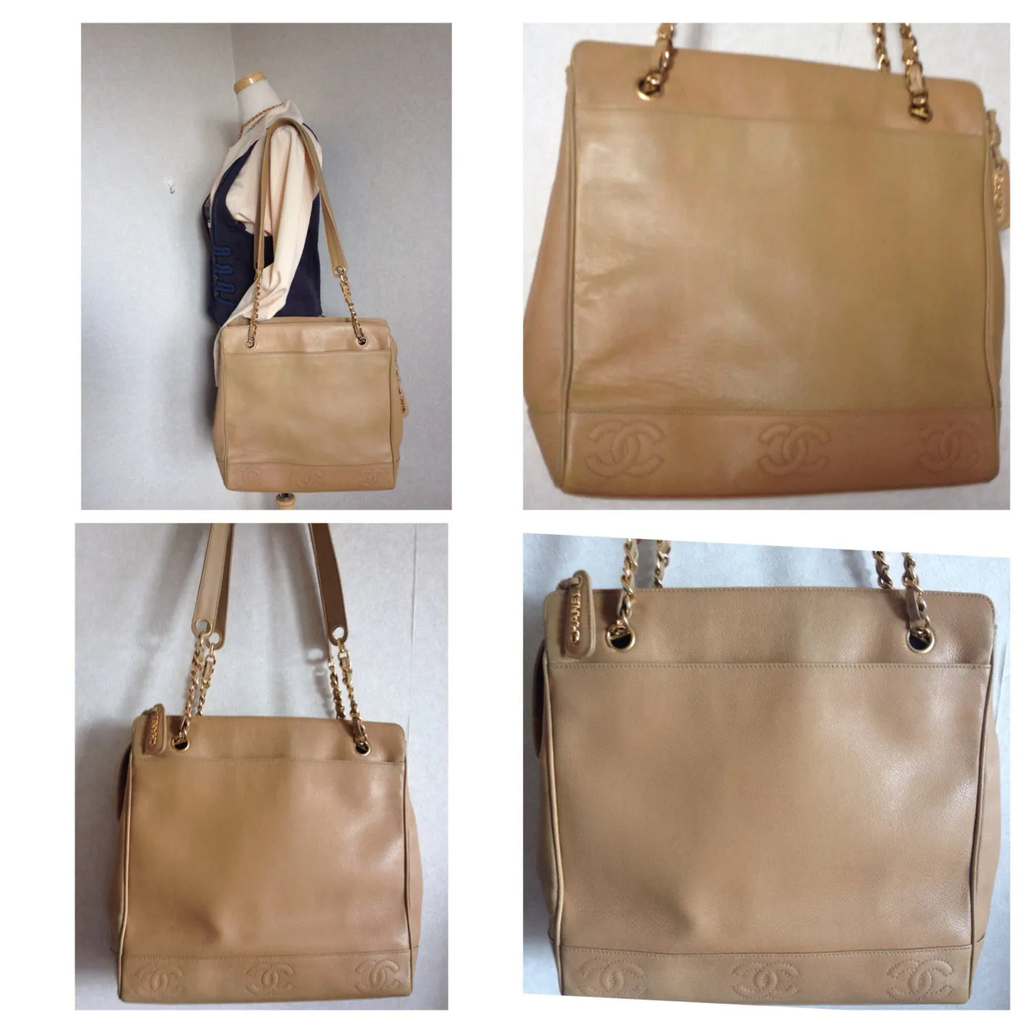 Vintage CHANEL brown beige caviar leather chain tote bag, shoulder purse with CC stitch marks. Classic and daily use bag