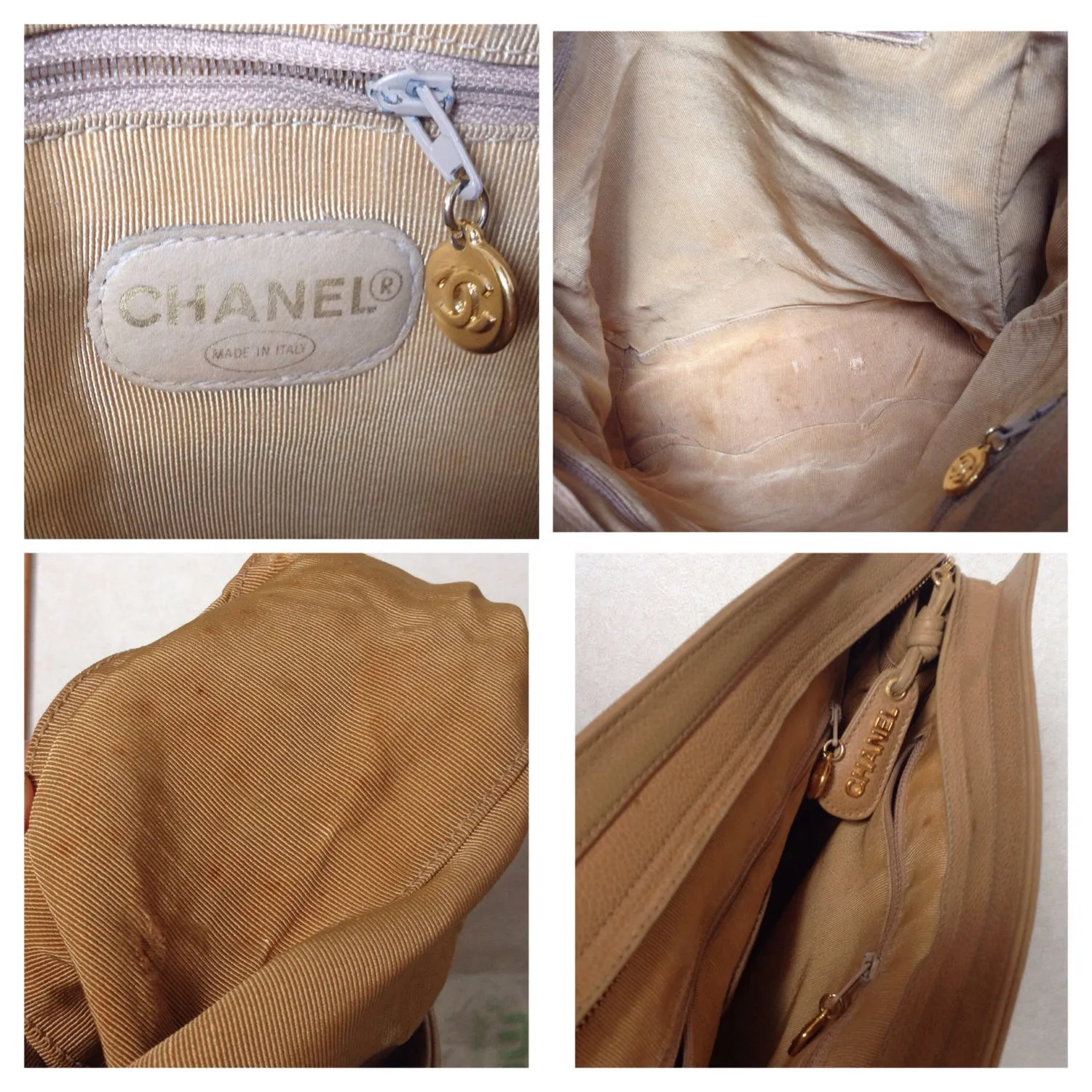 Vintage CHANEL brown beige caviar leather chain tote bag, shoulder purse with CC stitch marks. Classic and daily use bag