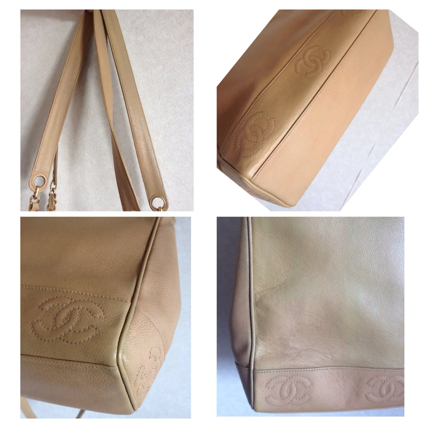 Vintage CHANEL brown beige caviar leather chain tote bag, shoulder purse with CC stitch marks. Classic and daily use bag