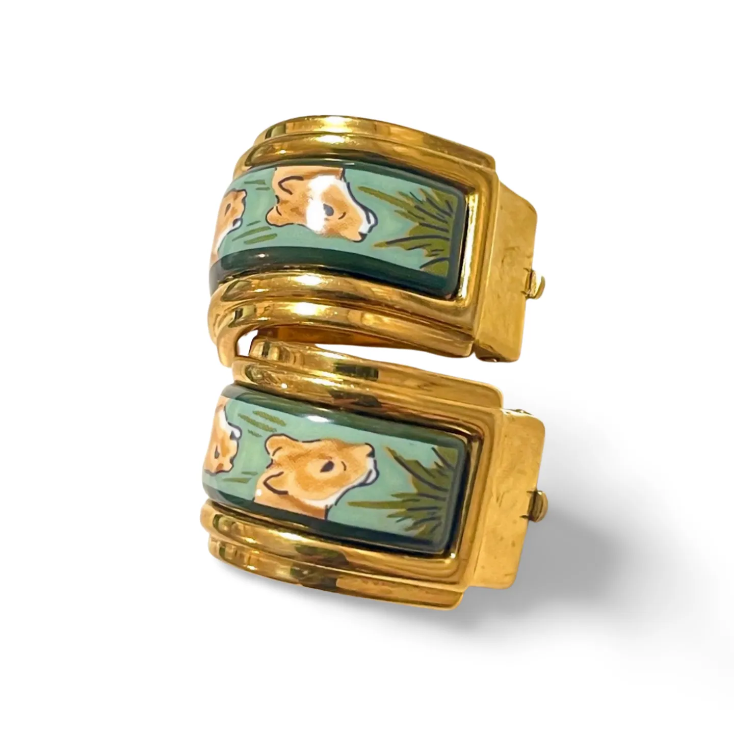 Vintage Hermes cloisonné ceramic enamel golden earrings with 2 female lion design. Twin lions. Great gift idea. 070225ac5