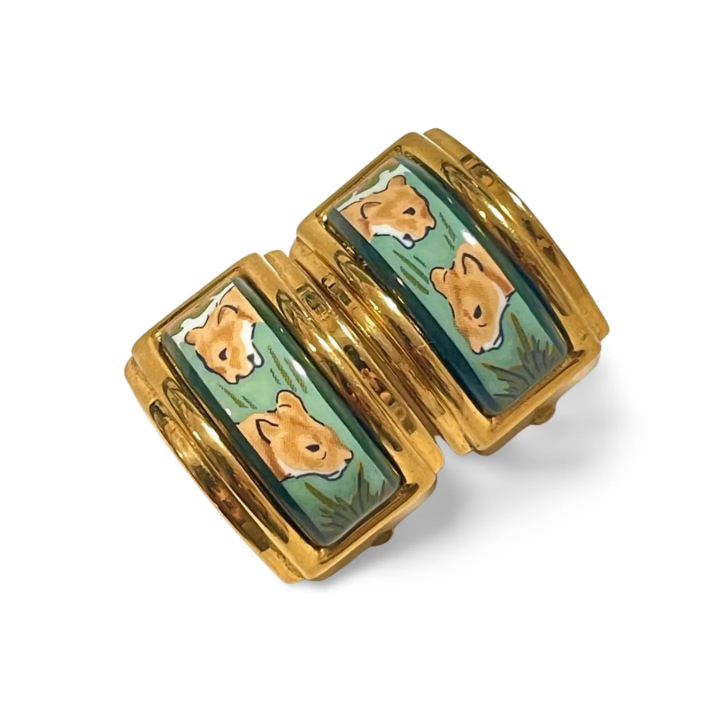Vintage Hermes cloisonné ceramic enamel golden earrings with 2 female lion design. Twin lions. Great gift idea. 070225ac5