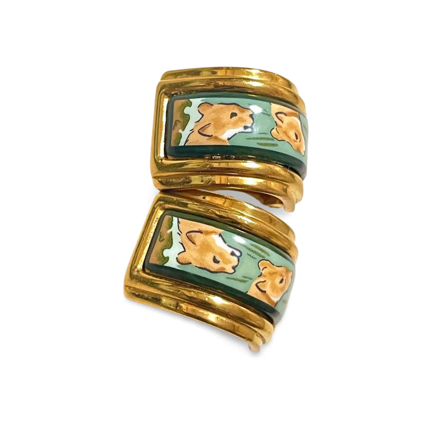 Vintage Hermes cloisonné ceramic enamel golden earrings with 2 female lion design. Twin lions. Great gift idea. 070225ac5