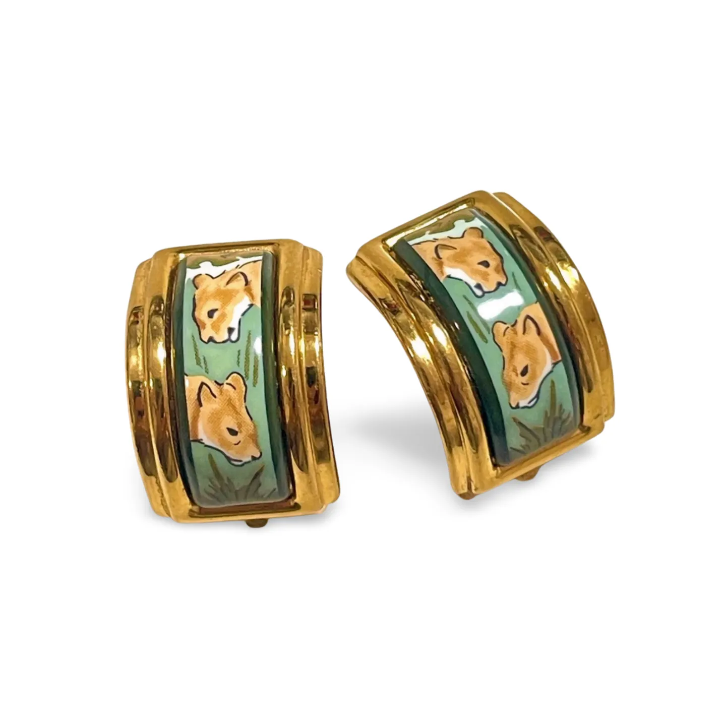 Vintage Hermes cloisonné ceramic enamel golden earrings with 2 female lion design. Twin lions. Great gift idea. 070225ac5