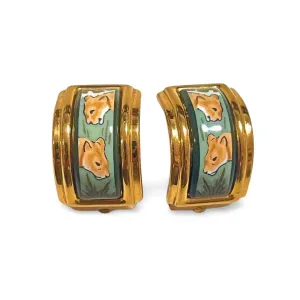 Vintage Hermes cloisonné ceramic enamel golden earrings with 2 female lion design. Twin lions. Great gift idea. 070225ac5