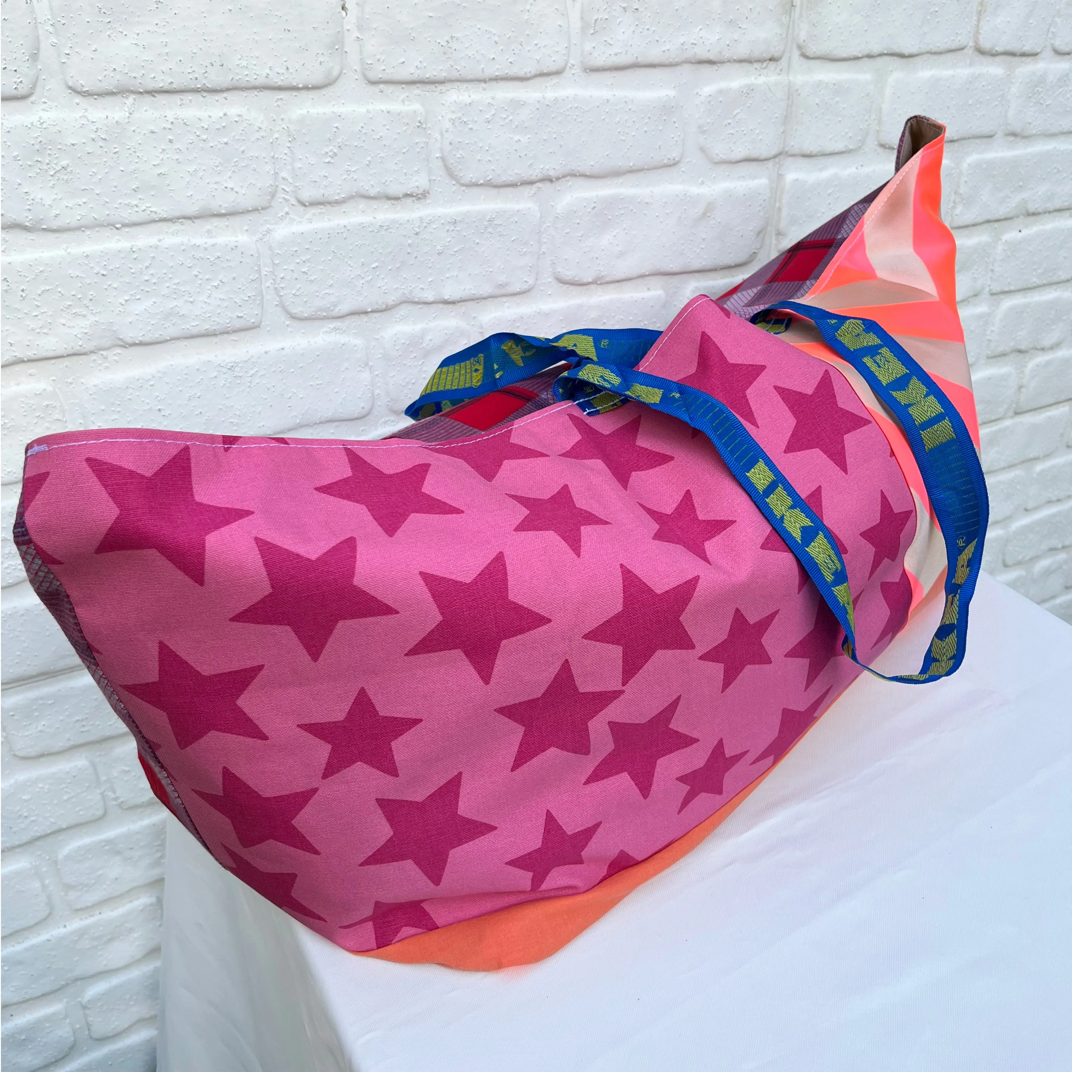Vintage IKEA bags - pink stars, checks and stripes with gold canvas lining