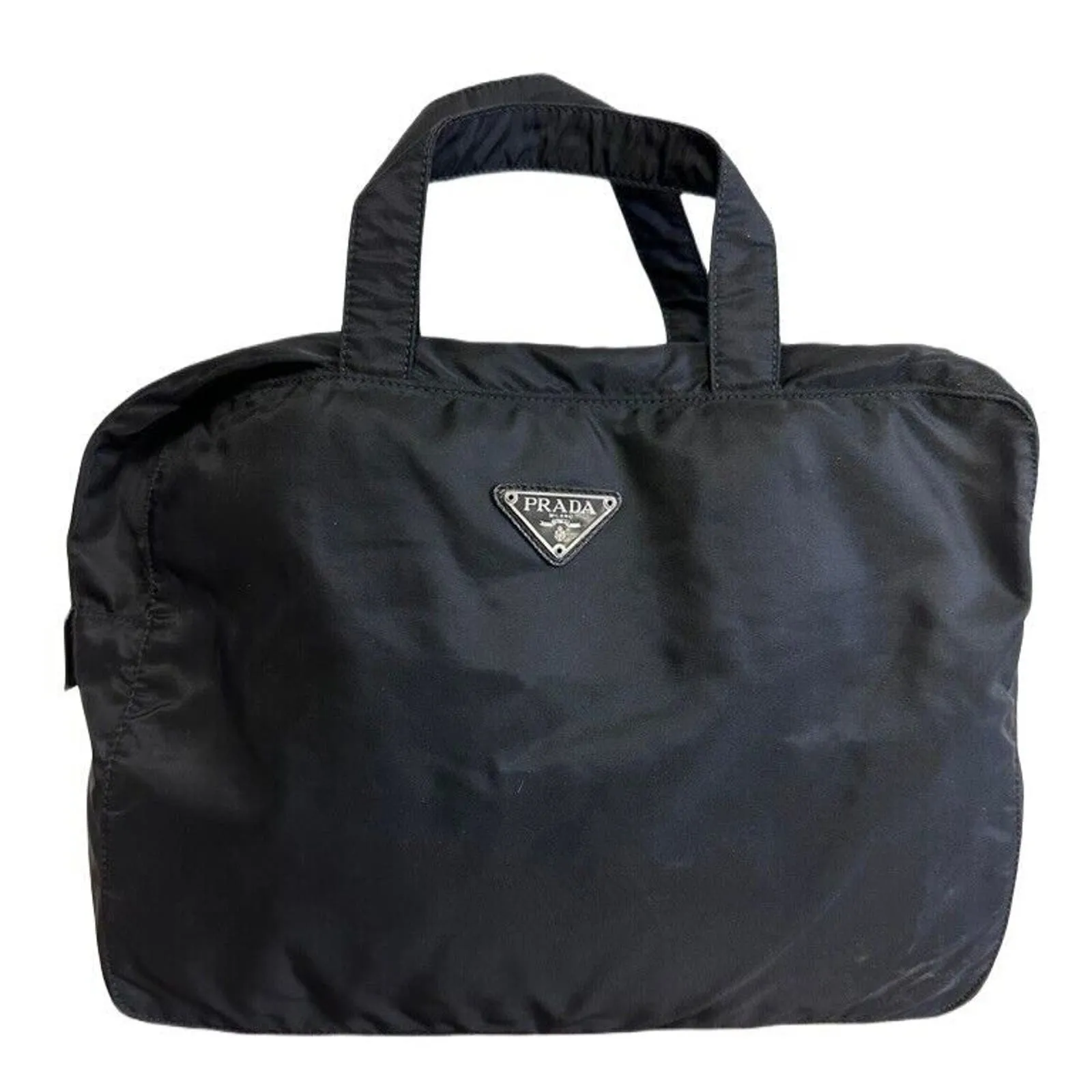 VTG Prada Tessuto Business Bag Black NYLON PRADA LOGO 25 Authentic 14" LARGE