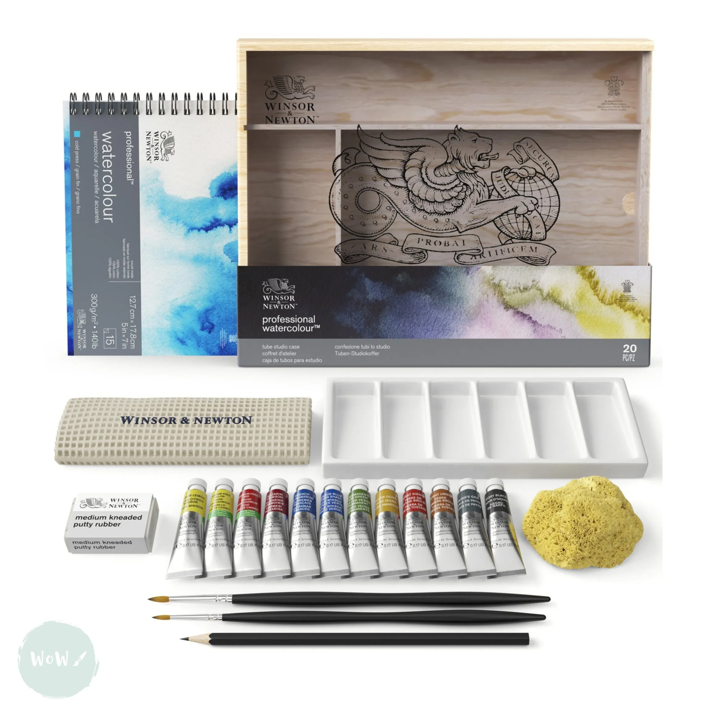 Watercolour Paint Sets - Winsor & Newton PROFESSIONAL - WOODEN TRAVEL CASE - 12 x 5ml tubes & accessories