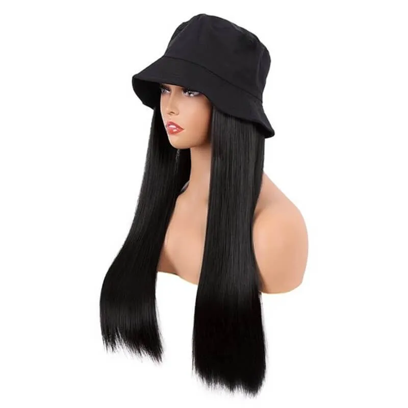 Wavymy Bucket Hat Wigs Straight Human Hair Wigs With Natural Color