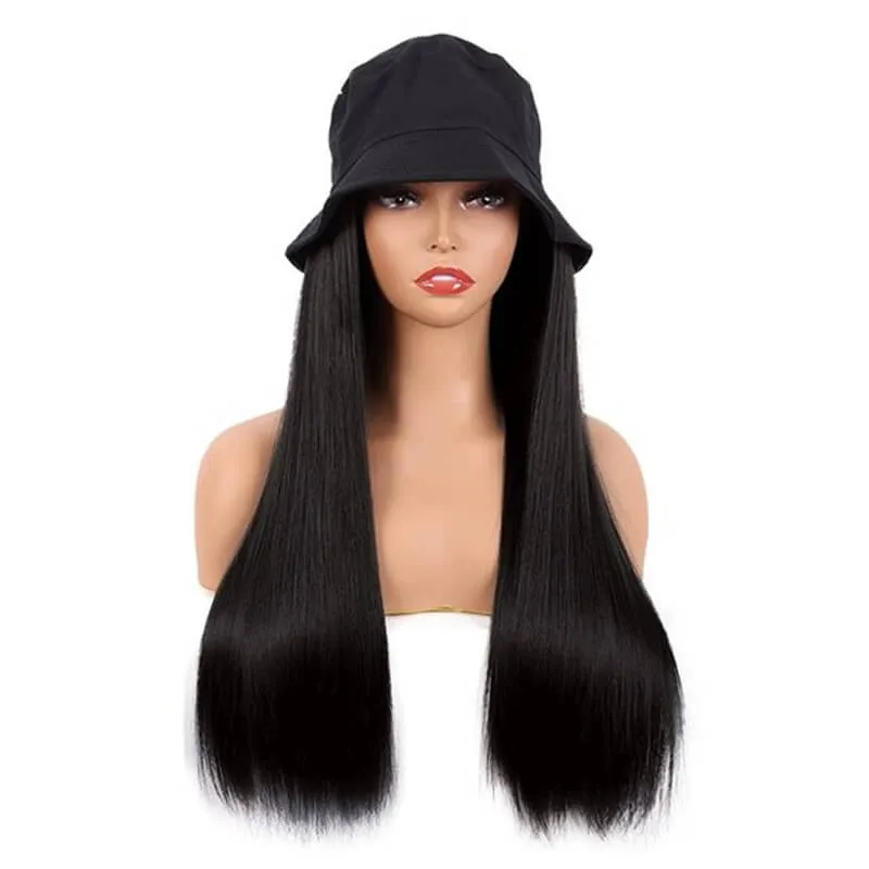 Wavymy Bucket Hat Wigs Straight Human Hair Wigs With Natural Color