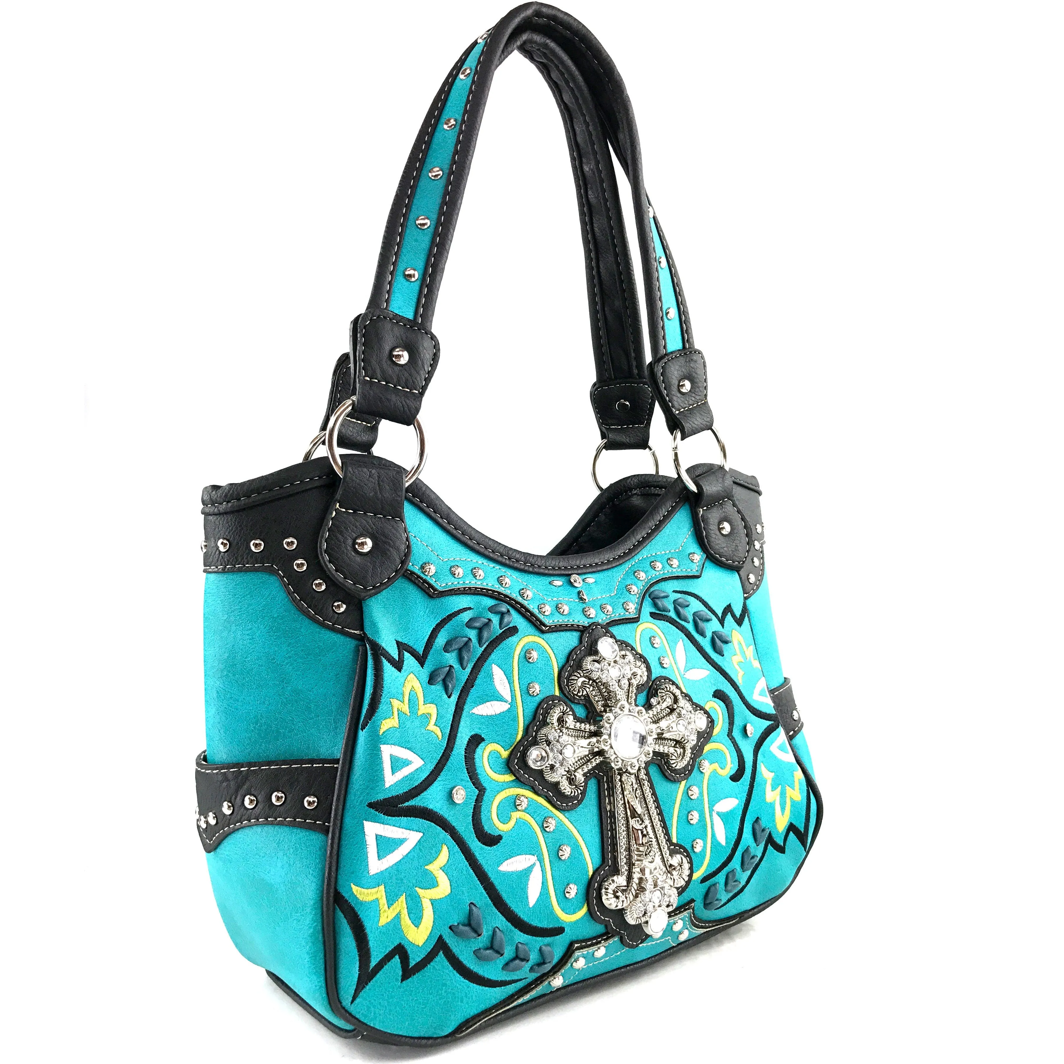 Western Peak Turquoise Yellow Silver Cross Floral Embroidered Concealed Carry Handbag