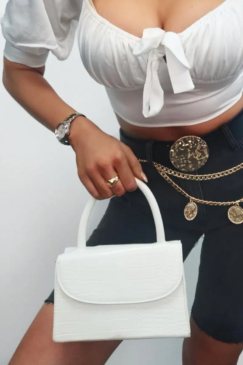 White Faux Croc Top Handle Bag - Lauran
