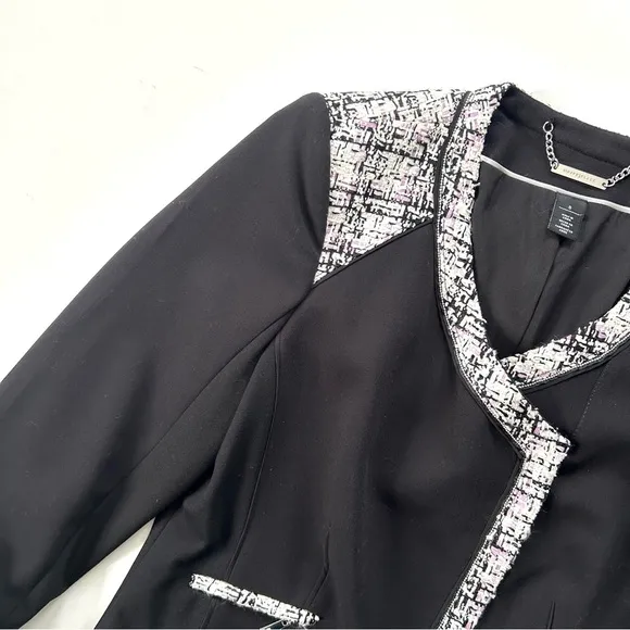 White House Black Market Black Asymmetrical Boucle Tweed Trim Knit Blazer Jacket