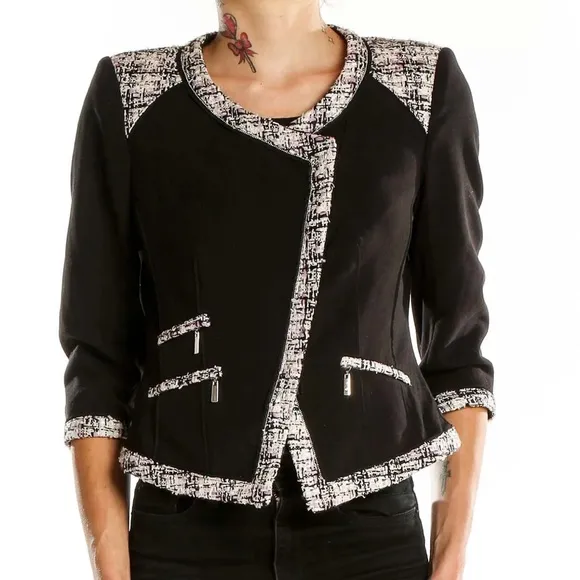 White House Black Market Black Asymmetrical Boucle Tweed Trim Knit Blazer Jacket