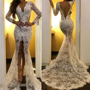 white lace applique evening dresses long mermaid v neck modest sexy formal evening gown