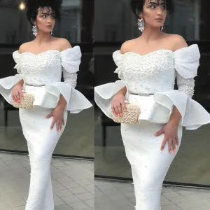 white peal evening dresses long sleeve mermaid modest elegant beaded luxury formal dress evening gown