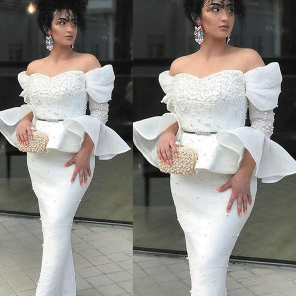 white peal evening dresses long sleeve mermaid modest elegant beaded luxury formal dress evening gown