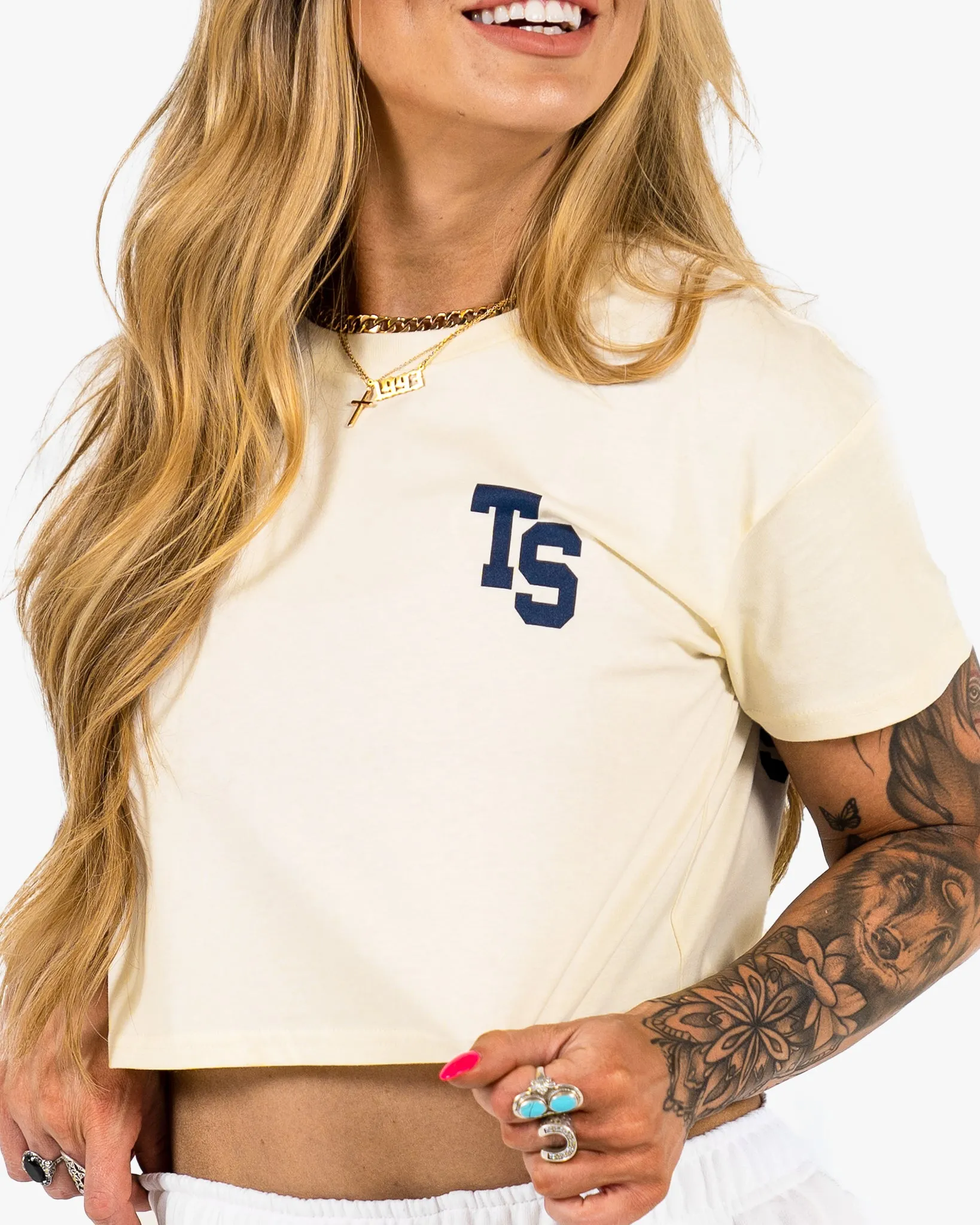WKND Crop Tee - Ecru w/ Navy