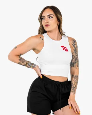 WKND Fitted Crop Tank - White w/ Red