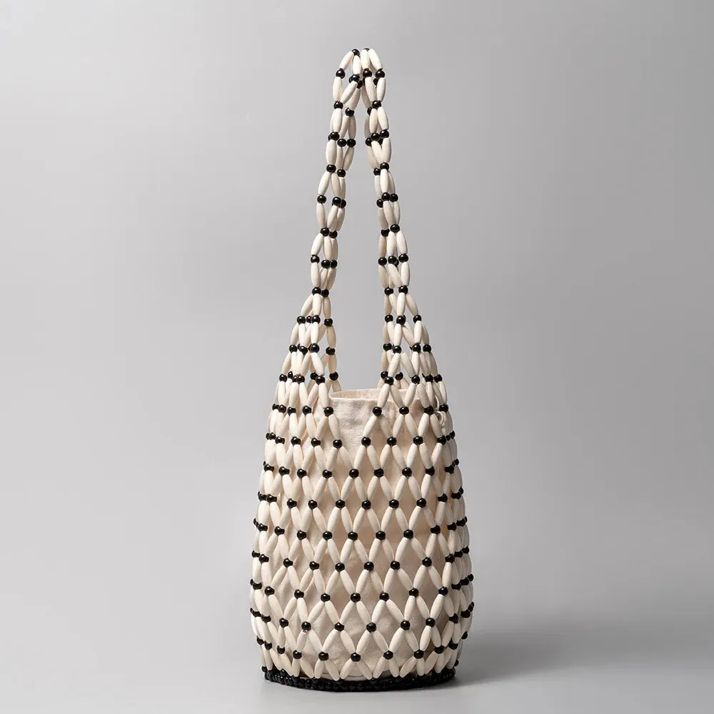 Women’s Woven Hollow-Out Wooden Bead Bucket Bag