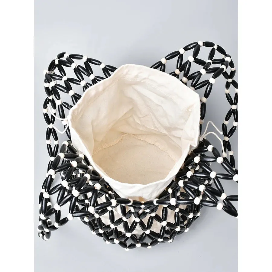 Women’s Woven Hollow-Out Wooden Bead Bucket Bag