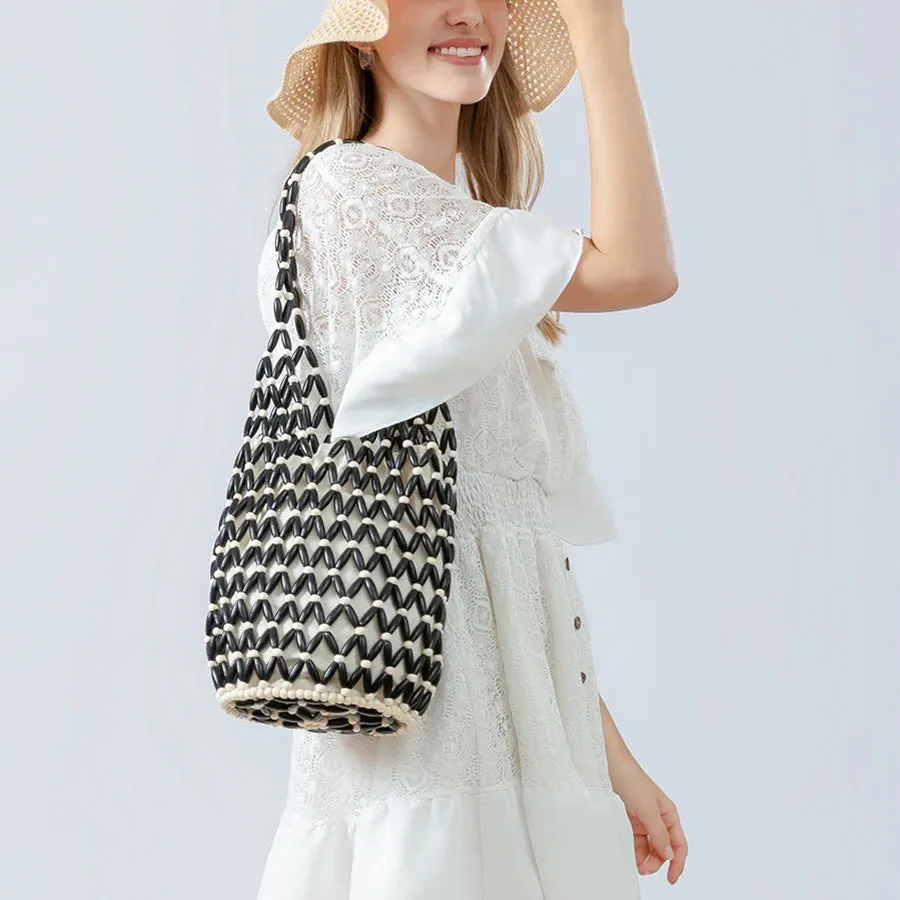 Women’s Woven Hollow-Out Wooden Bead Bucket Bag