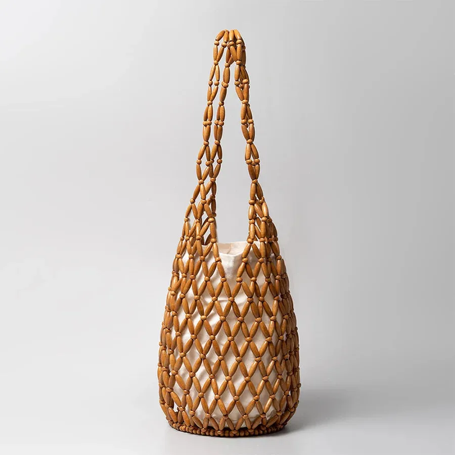 Women’s Woven Hollow-Out Wooden Bead Bucket Bag
