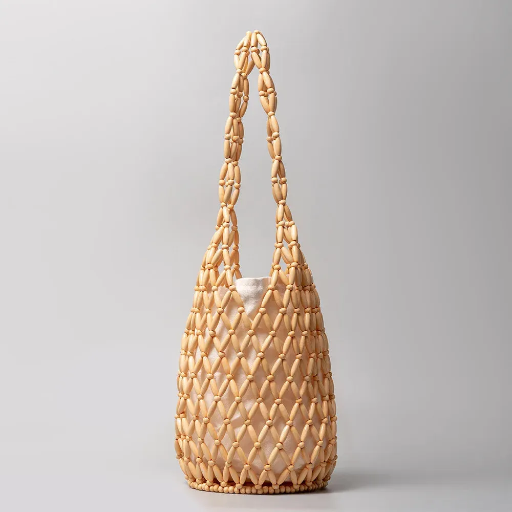 Women’s Woven Hollow-Out Wooden Bead Bucket Bag