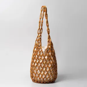 Women’s Woven Hollow-Out Wooden Bead Bucket Bag