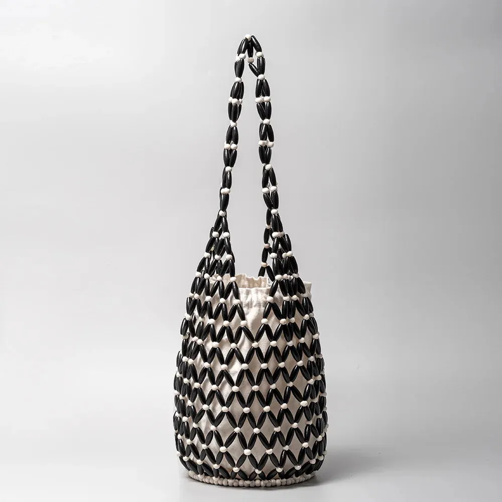 Women’s Woven Hollow-Out Wooden Bead Bucket Bag