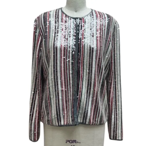 Worth Clear Sequin Over Strips Holiday Cardigan