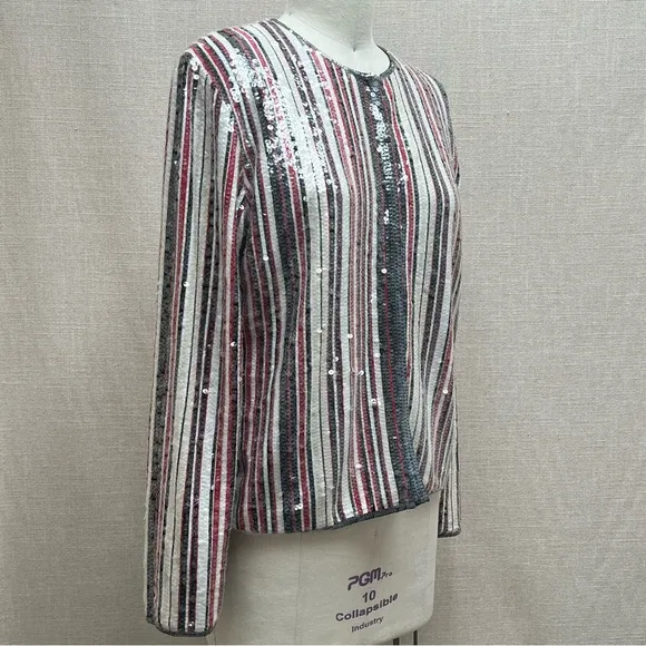 Worth Clear Sequin Over Strips Holiday Cardigan