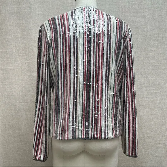 Worth Clear Sequin Over Strips Holiday Cardigan