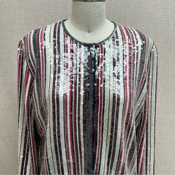 Worth Clear Sequin Over Strips Holiday Cardigan