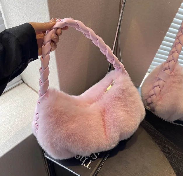 Woven Handbag & Underarm Bag for Women in Winter. Simple, Versatile, Exuding a High-end Sense and Fluffy Shoulder Bag C-241216-3