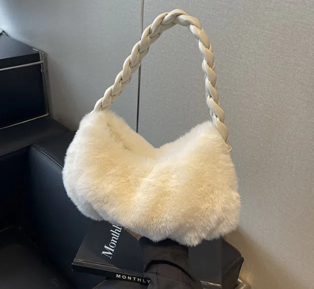 Woven Handbag & Underarm Bag for Women in Winter. Simple, Versatile, Exuding a High-end Sense and Fluffy Shoulder Bag C-241216-3