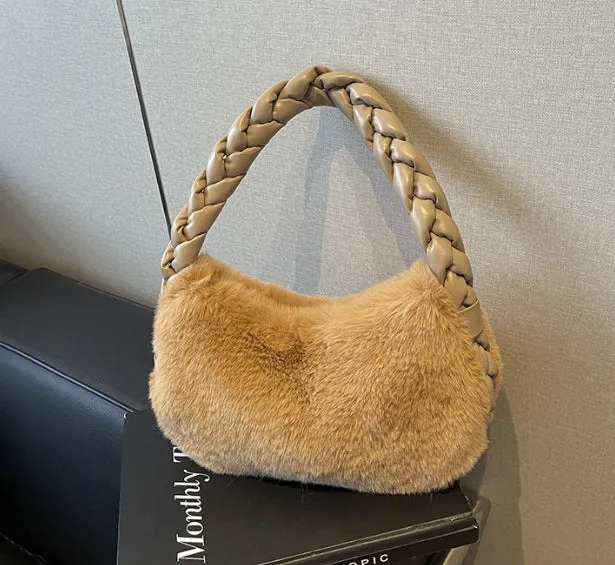 Woven Handbag & Underarm Bag for Women in Winter. Simple, Versatile, Exuding a High-end Sense and Fluffy Shoulder Bag C-241216-3