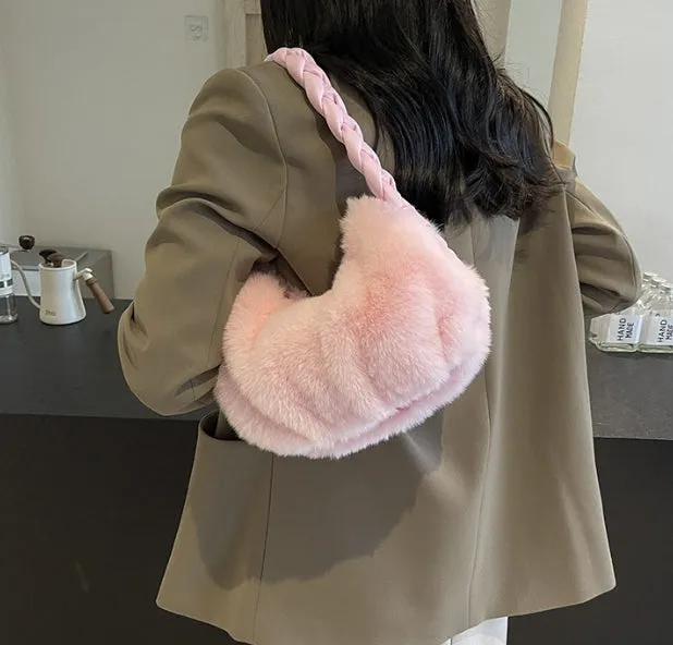 Woven Handbag & Underarm Bag for Women in Winter. Simple, Versatile, Exuding a High-end Sense and Fluffy Shoulder Bag C-241216-3