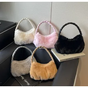 Woven Handbag & Underarm Bag for Women in Winter. Simple, Versatile, Exuding a High-end Sense and Fluffy Shoulder Bag C-241216-3
