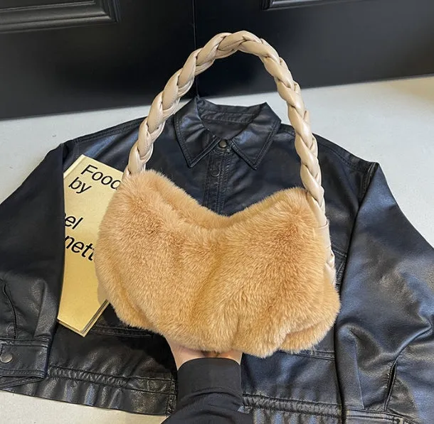Woven Handbag & Underarm Bag for Women in Winter. Simple, Versatile, Exuding a High-end Sense and Fluffy Shoulder Bag C-241216-3