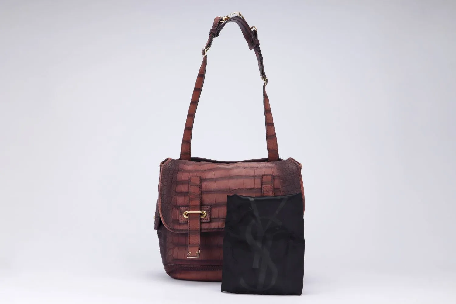 Yves Saint Laurent Besace (191839 491403) Burgundy Croc Embossed Shoulder Bag with Dust Cover