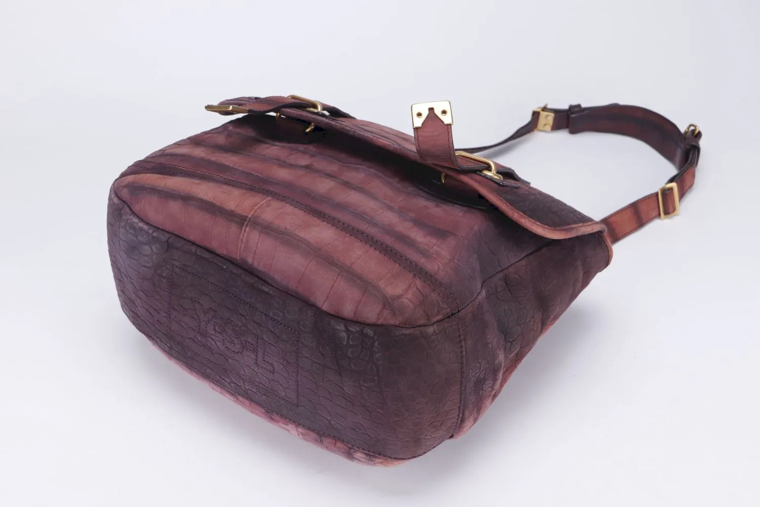 Yves Saint Laurent Besace (191839 491403) Burgundy Croc Embossed Shoulder Bag with Dust Cover