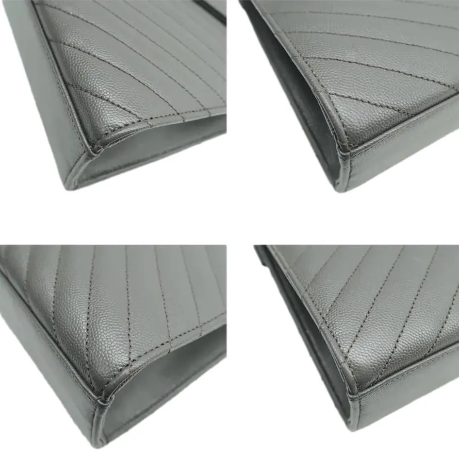 YVES SAINT LAURENT Large Envelope Chevron Leather Shoulder Bag Gray