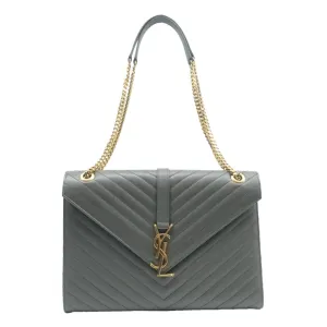 YVES SAINT LAURENT Large Envelope Chevron Leather Shoulder Bag Gray